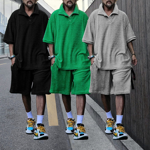 Herren nan urbanes weites Freizeit-Set mit Henley-Kragen, verlängertem weit geschnittenem Shirt und knielangen Jersey-Shorts Drune