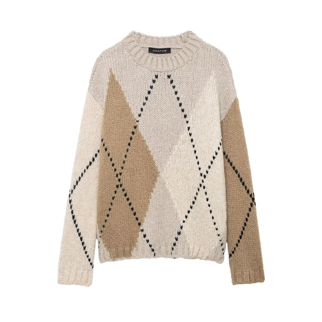 Damen Grobgestrickter Argyle-Pullover mit Oversize-Schnitt und Rippkragen Drune