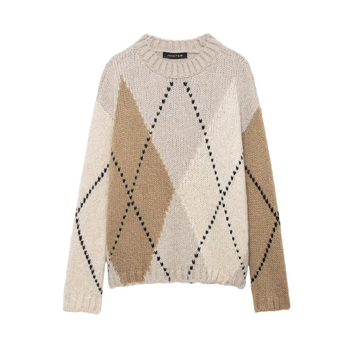 Damen Grobgestrickter Argyle-Pullover mit Oversize-Schnitt und Rippkragen Drune