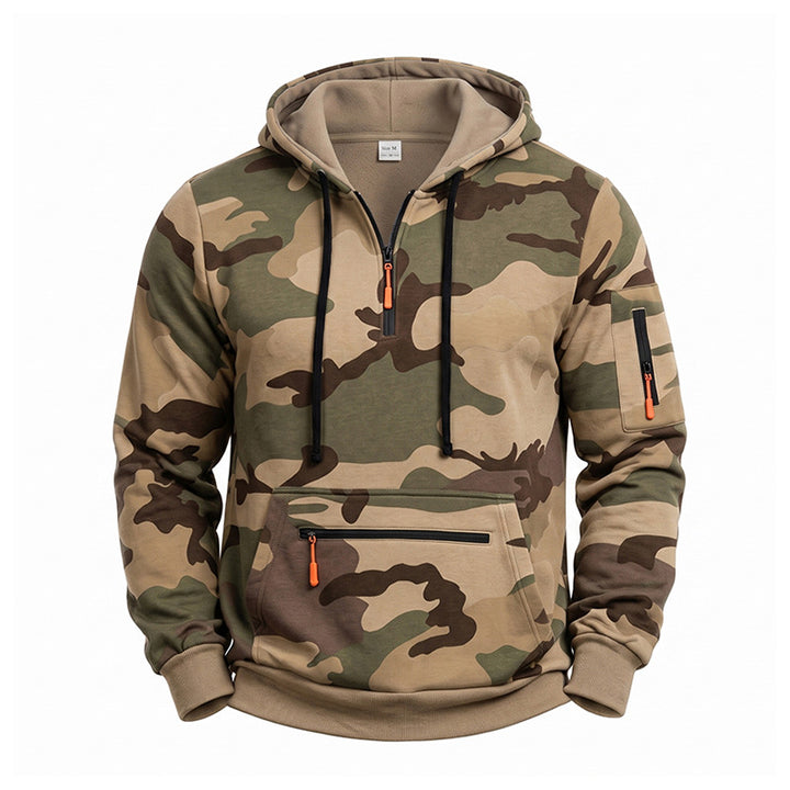 Herren Kapuzenpullover Camouflage mit Fleecefutter, Halbzip und Reißverschlusstaschen Drune