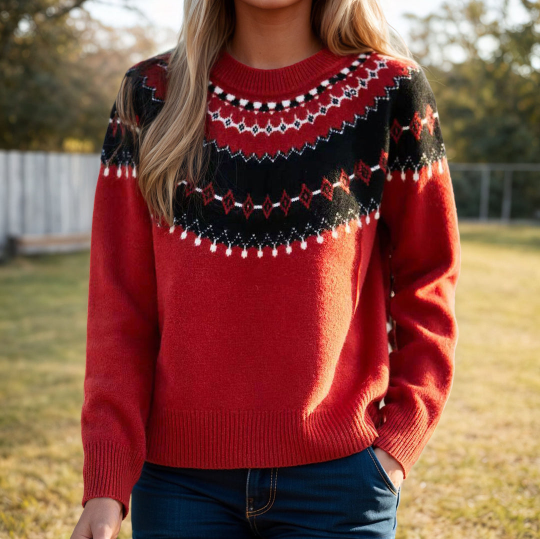 Damen nan Norweger-Pullover mit Rundhalsausschnitt, Jacquard-Yoke und weichem Feinstrick Drune