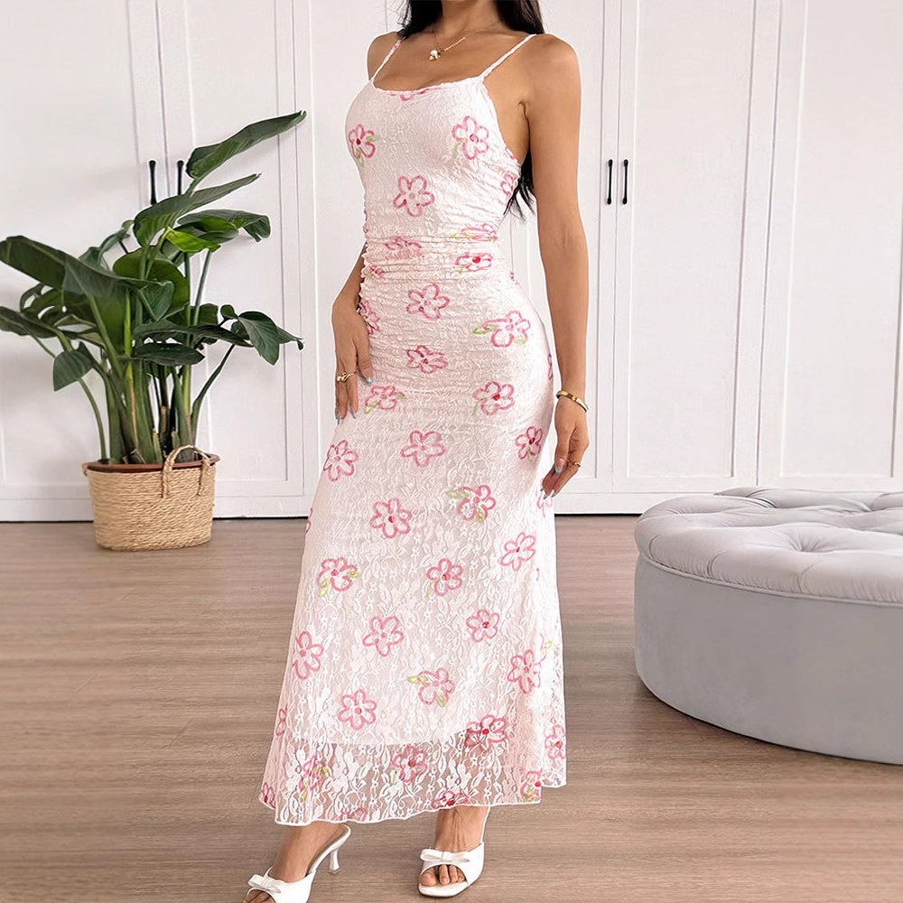 Damen Maxikleid mit floralem Spitzenmuster und verstellbaren Trägern Drune