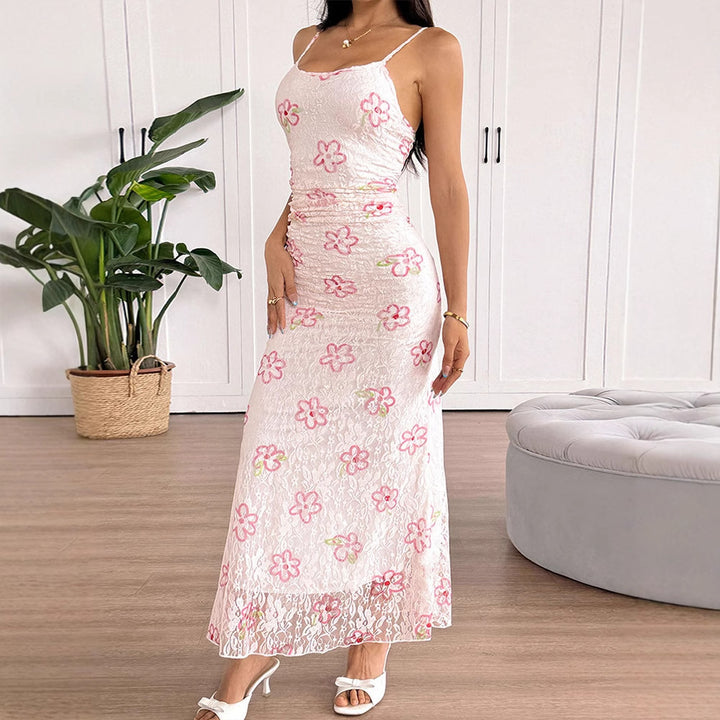 Damen Maxikleid mit floralem Spitzenmuster und verstellbaren Trägern Drune