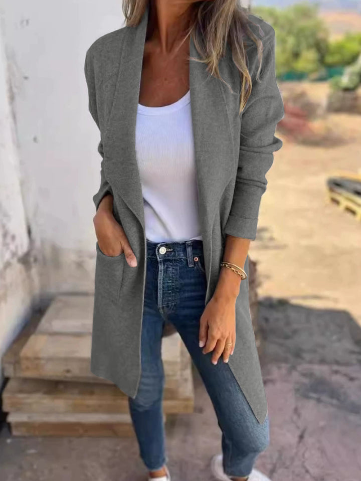Damen Langer offener Cardigan mit Schalkragen, Eingrifftaschen und leichtem Fall Drune