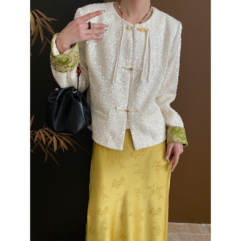 Damen Elegante Bouclé-Jacke mit Pailletten und kontrastierenden Ärmeln Drune