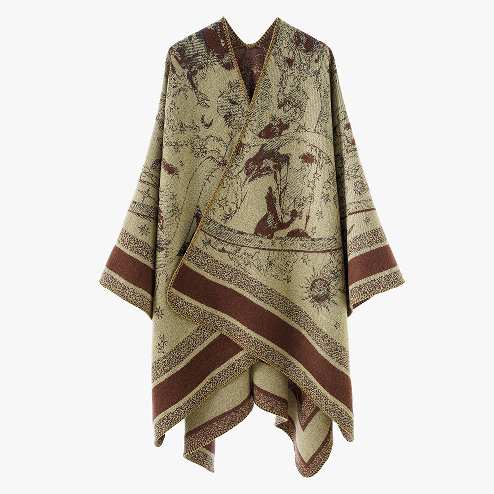 Damen Oversize-Jacquard-Capeponcho aus Wollmix mit V-Ausschnitt und himmlischem Motiv Drune