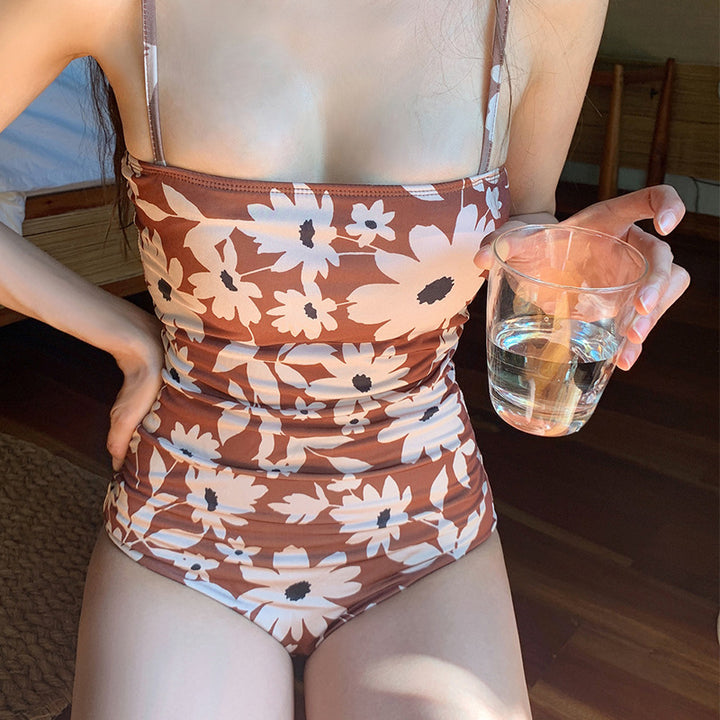 Damen Einteiler Badeanzug mit floralem Design und verstellbaren Trägern Drune