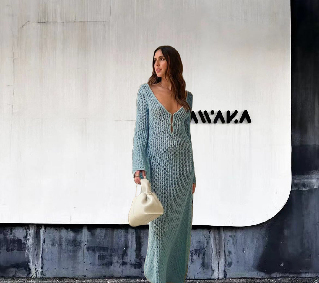Damen Strick-Maxikleid mit tiefem V-Ausschnitt und modischen Rüschendetails Drune