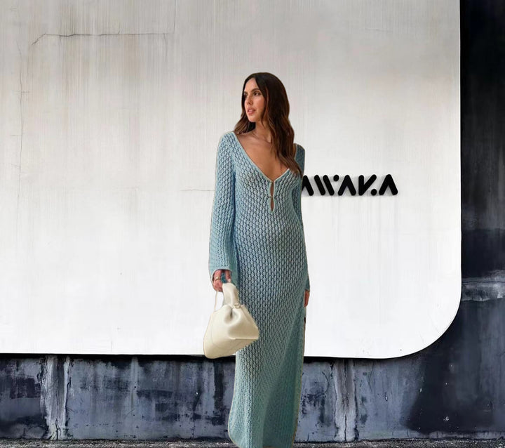Damen Strick-Maxikleid mit tiefem V-Ausschnitt und modischen Rüschendetails Drune