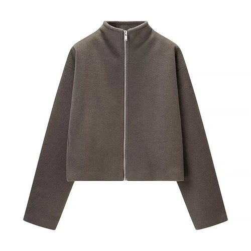 Damen nan kastiger Zip‑Up Fleece‑Cardigan mit Stehkragen und cleanem Minimaldesign Drune