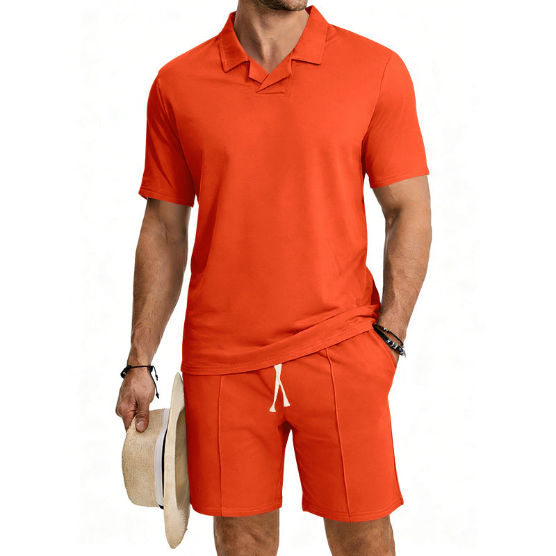 Herren nan kurzärmeliges Polo-Lounge-Set mit V-Einsatz am Kragen und Kordelzug-Bermuda Drune