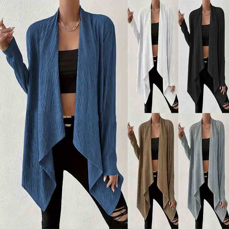 Damen Offener Crinkle-Cardigan mit Wasserfall-Saum und Longline-Silhouette Drune