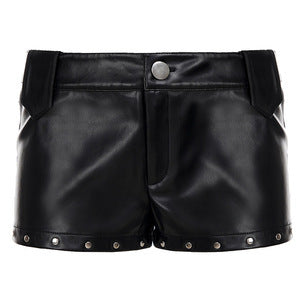 Damen Kunstleder-Shorts mit dekorativen Knopfdetails Drune