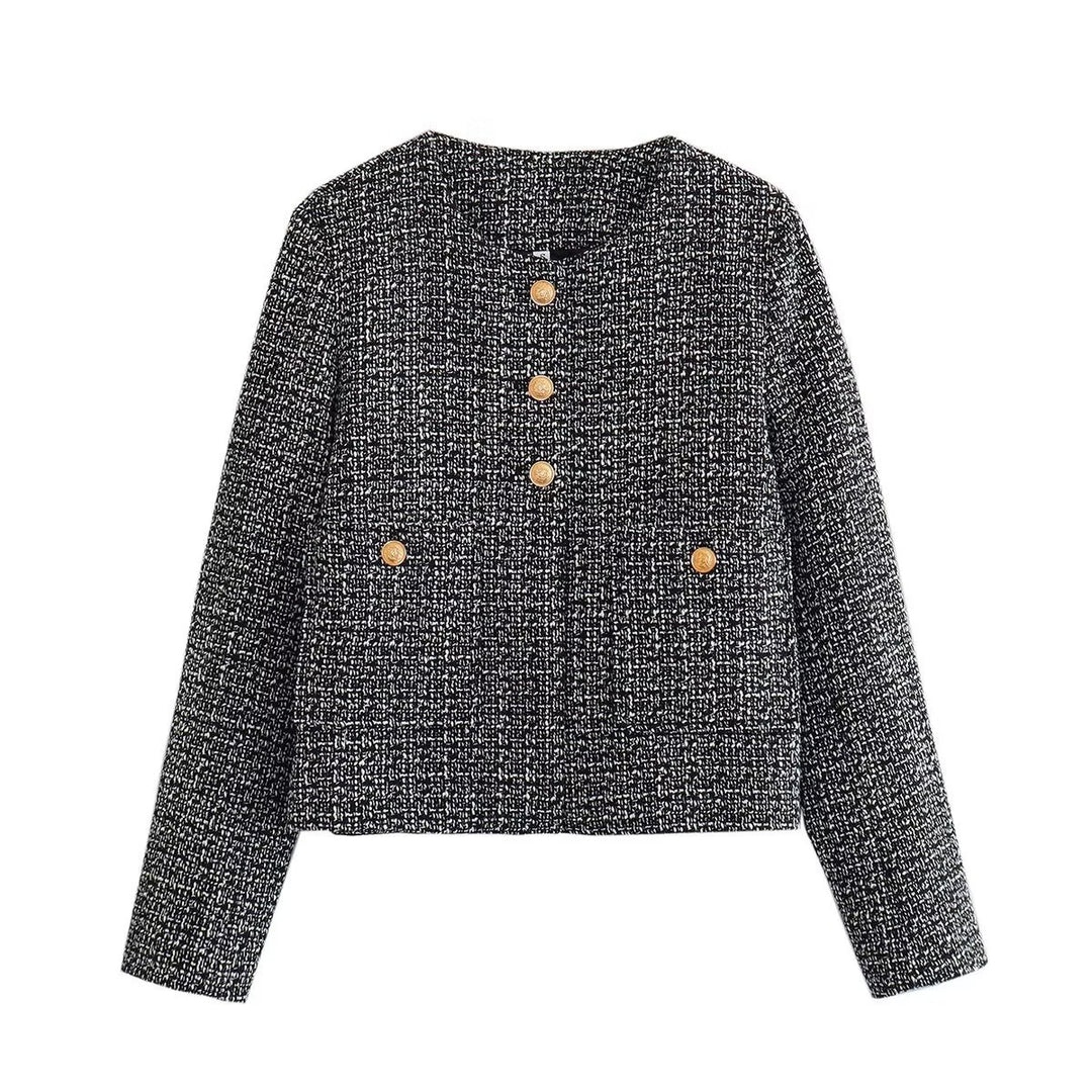 Damen nan kurz geschnittene Tweedjacke mit Boucléstruktur, rundem Ausschnitt und dekorativen goldknöpfen Drune