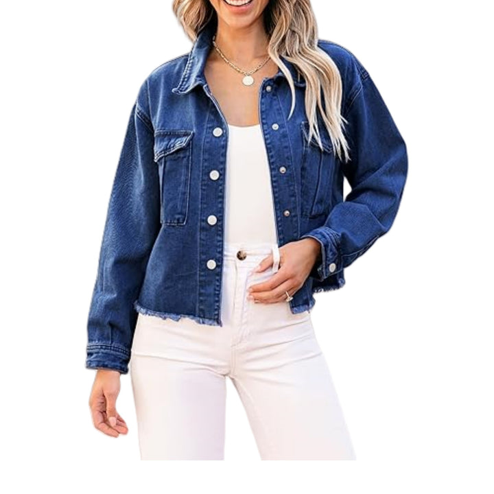 Damen Kurz geschnittene Oversize-Jeansjacke mit rohem Saum und aufgesetzten Brusttaschen Drune
