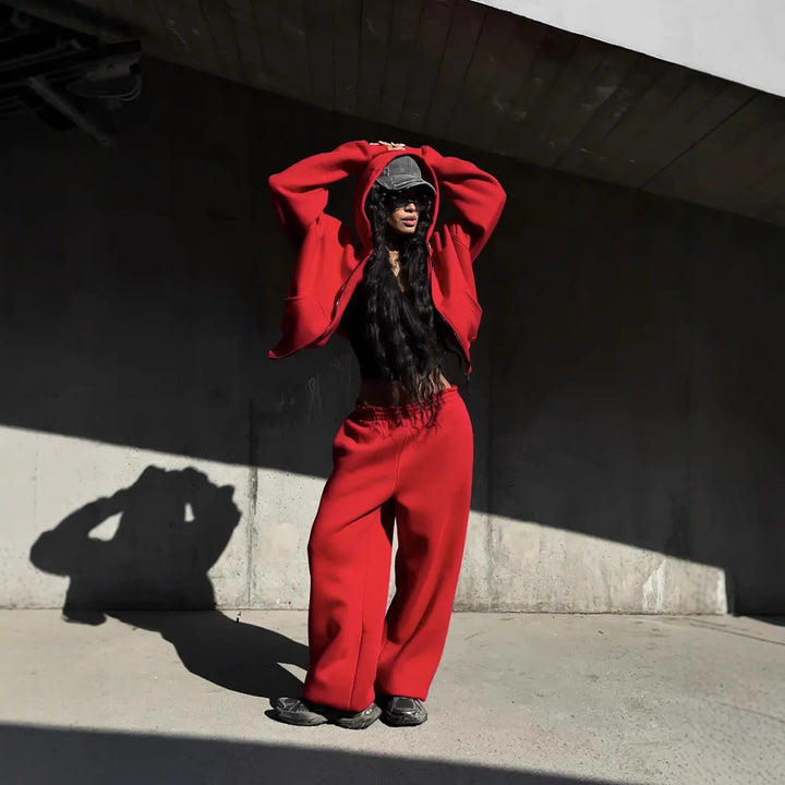 Damen Oversized Kapuzenjacke und Sweathose Set Drune