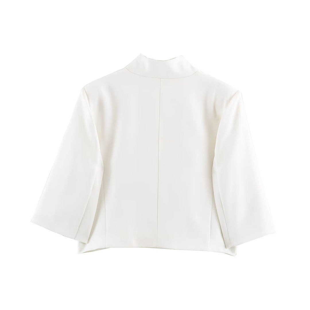 Damen Elegante Cropped-Jacke mit Stehkragen, verdeckter Knopfleiste und 3/4-Ärmeln Drune