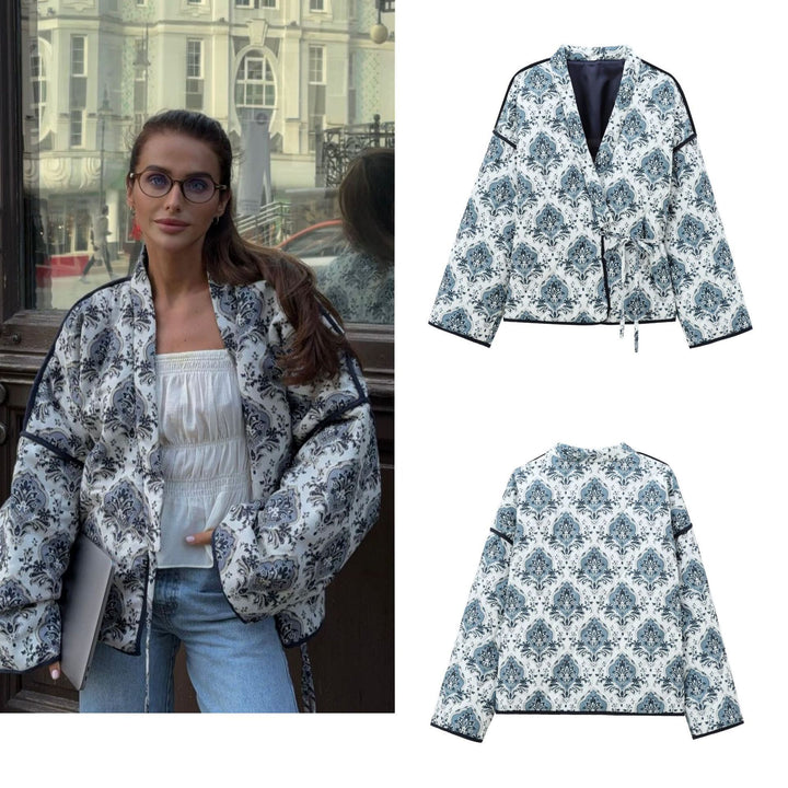 Damen gewattete Kimono-Jacke mit Taillengürtel und ornamentalem Print Drune