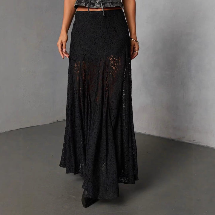 Damen Eleganter Spitzenmaxirock mit fließendem Fall und transparenten Details Drune