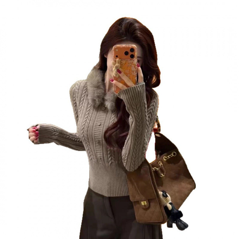 Damen Strickpullover mit luxuriösem Fellkragen und eleganten Knopfdetails Drune