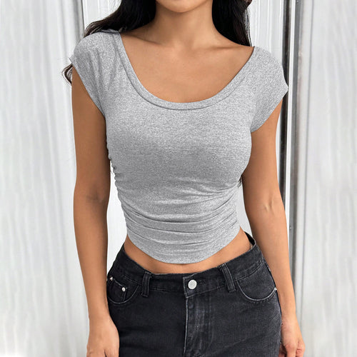 Damen figurbetontes Crop-Top mit Raffungen und Rundhalsausschnitt Drune