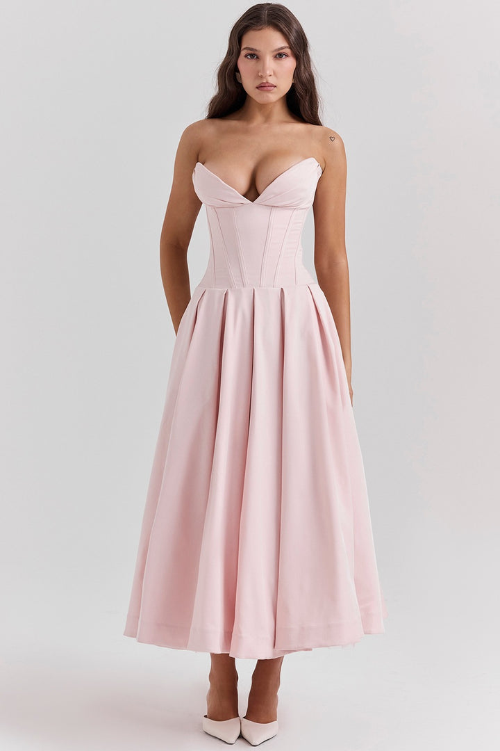 Damen nan trägerloses Korsett-Midikleid mit vorgeformter Miederkonstruktion und ausgestelltem Tellerrock Drune
