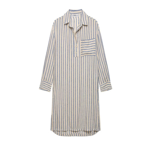Damen Langes Hemdblusenkleid im Leinenlook mit Streifenmuster und Seitenschlitzen Drune