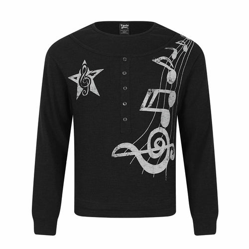 Damen Langarmshirt im Henley-Style mit musikalischem Print und Rundhalsausschnitt Drune