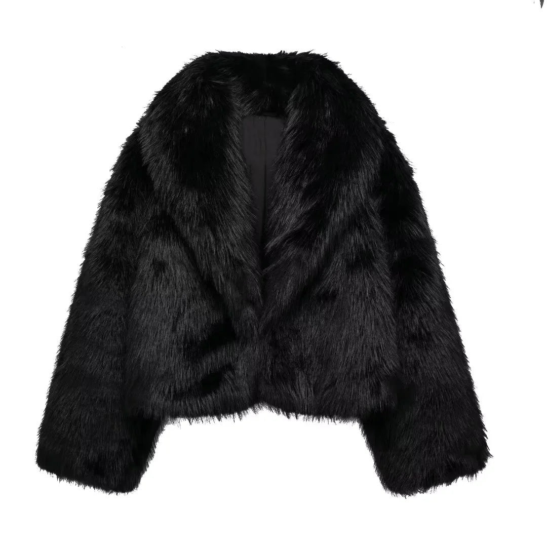 Damen Kurze Cropped Kunstpelzjacke mit voluminösem Schalkragen Drune