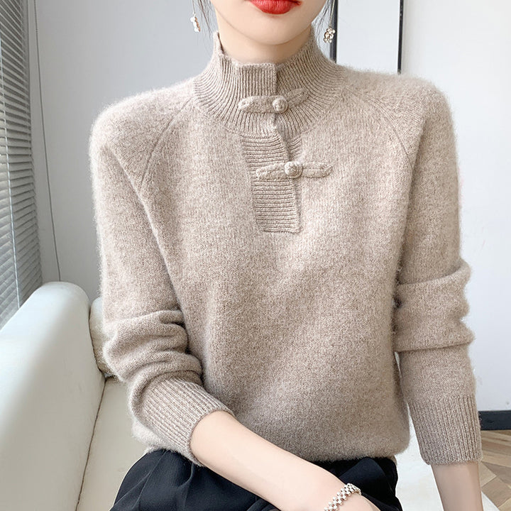 Damen Kaschmir‑Optik Mockneckpullover mit dekorativer KnDruneelknopfblende Drune