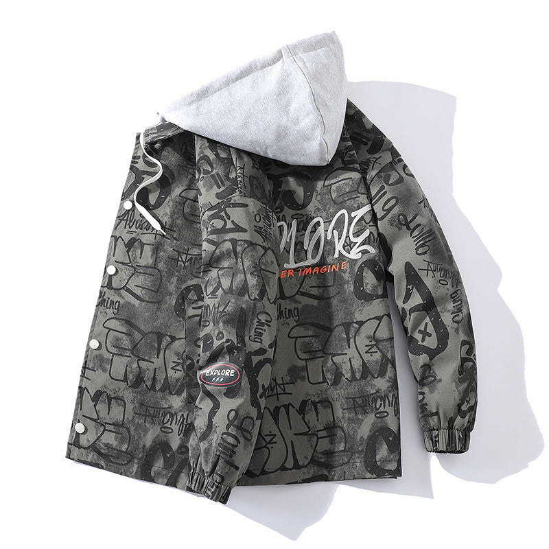 Herren Graffiti-Print Kapuzenparka mit Zip-In Fleece-Innenlayer Drune