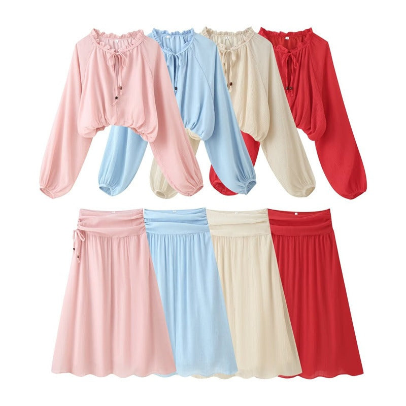 Damen Zweiteiliges Boho-Set mit verkürzter Rüschenbluse, Ballonärmeln und hochtailliertem Maxirock Drune