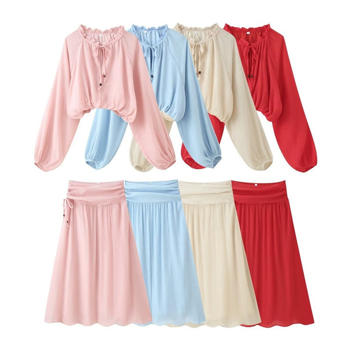 Damen Zweiteiliges Boho-Set mit verkürzter Rüschenbluse, Ballonärmeln und hochtailliertem Maxirock Drune