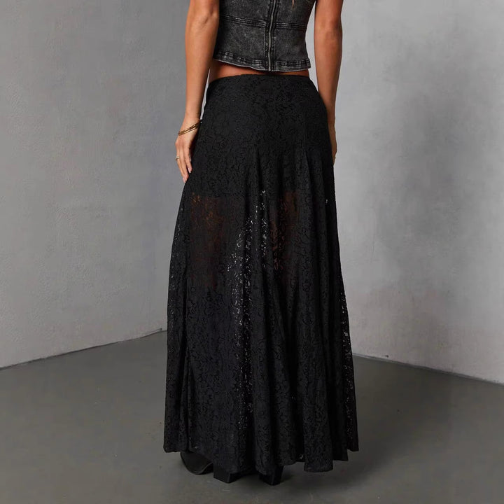 Damen Eleganter Spitzenmaxirock mit fließendem Fall und transparenten Details Drune