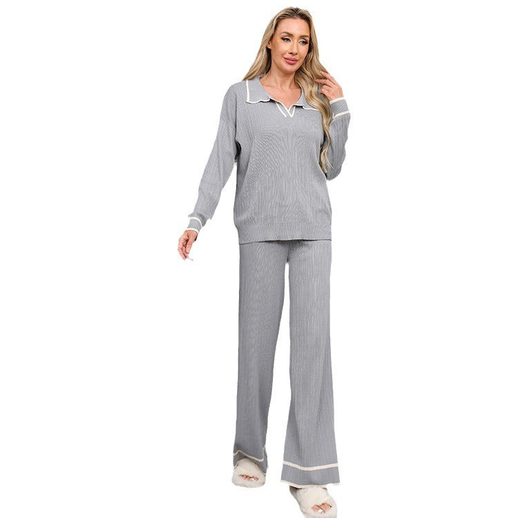 Damen modisches Strick-Loungewear-Set mit schickem Kragen und breiten Beinen Drune