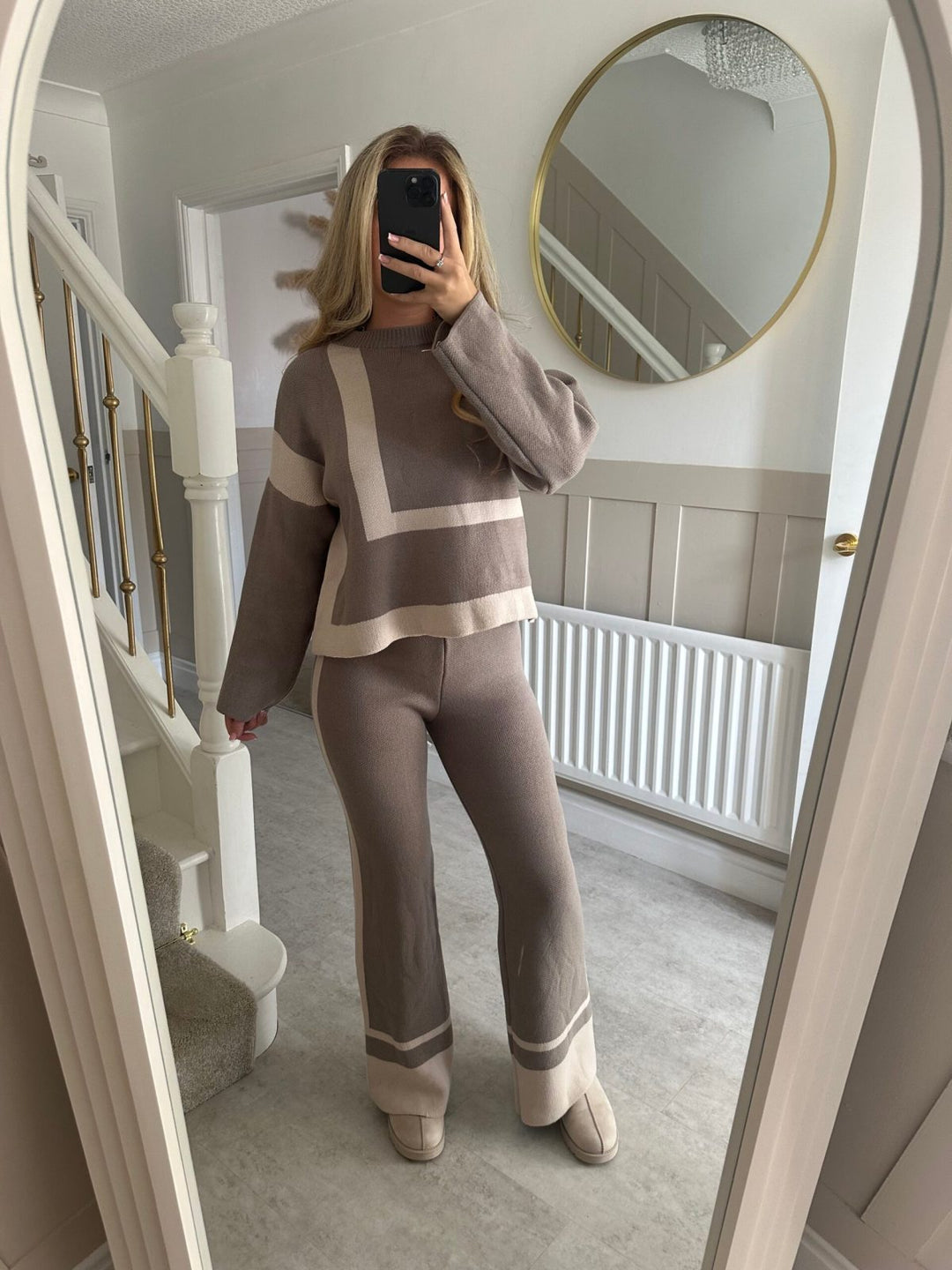 Damen lässiges Strick-Loungewear-Set mit geometrischem Muster Drune