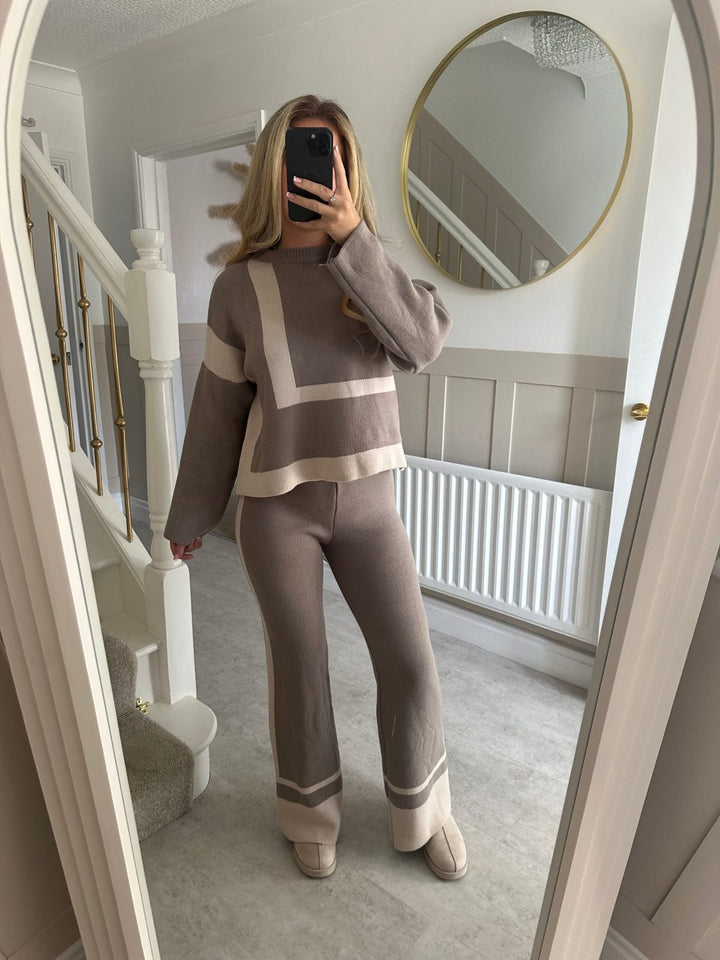 Damen lässiges Strick-Loungewear-Set mit geometrischem Muster Drune