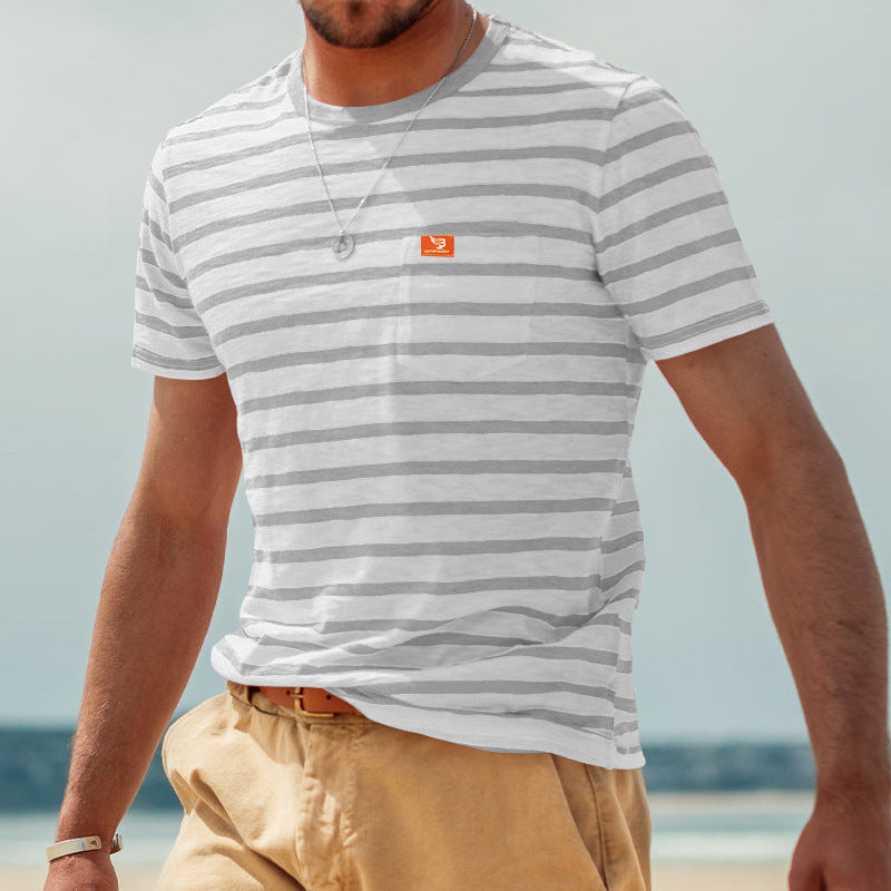 Herren nan gestreiftes Kurzarm-T-Shirt aus Baumwolljersey mit Brusttasche und kontrastiertem Rundhalsausschnitt Drune