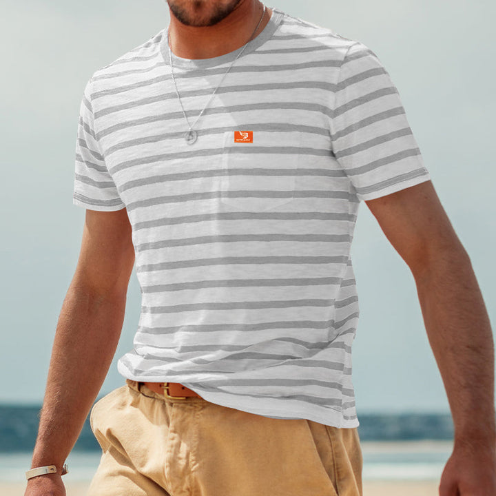 Herren nan gestreiftes Kurzarm-T-Shirt aus Baumwolljersey mit Brusttasche und kontrastiertem Rundhalsausschnitt Drune