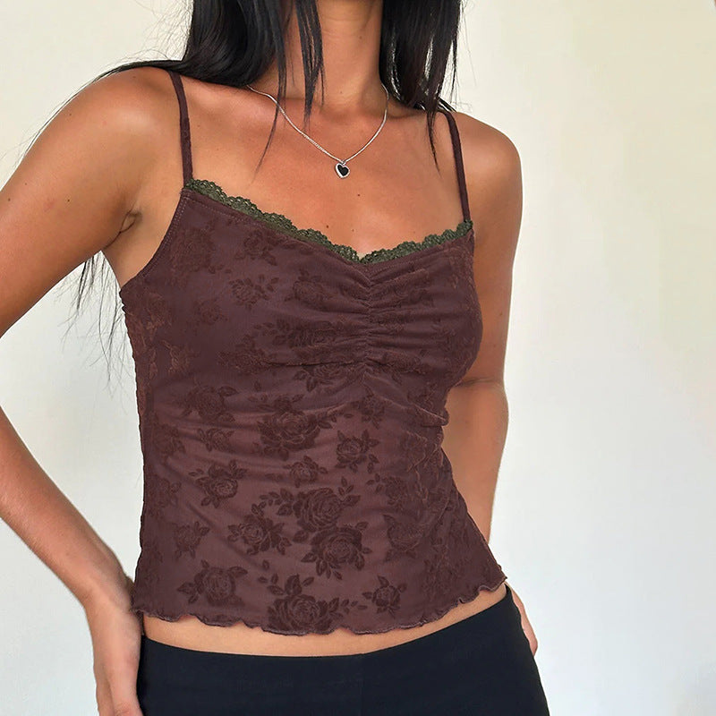 Damen Spitzen-Crop-Top mit floralem Design Drune