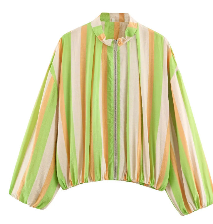 Damen Gestreifte Cropped Blousonjacke mit Stehkragen, Reißverschluss und Ballonärmeln Drune
