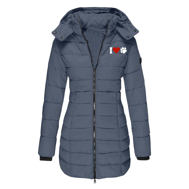 Damen nan gesteppte Steppjacke mit Kapuze, taillierter Silhouette und Herz-Pfoten-Print Drune