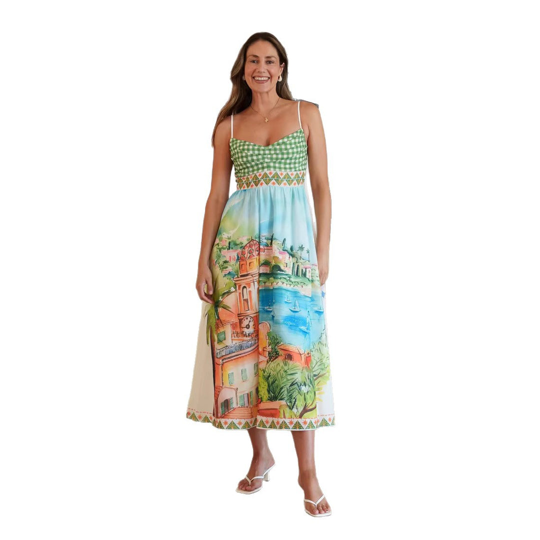Damen Sommerliches Maxikleid mit handgezeichnetem Städte-Motiv und Kariertem Oberteil Drune