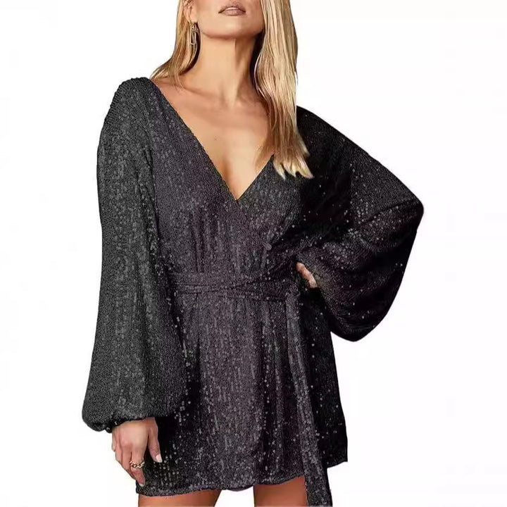 Damen Glitzerndes Minikleid mit tiefem Ausschnitt und weitem Ärmel Drune