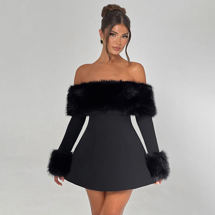 Damen Off-Shoulder Cocktailkleid mit eleganten Flauschesäumen Drune