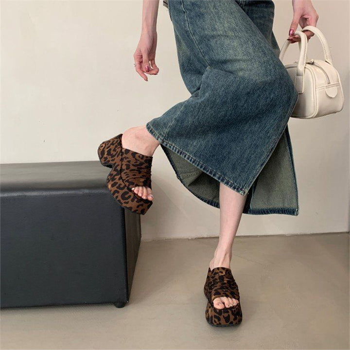 Damen Plateau-Pantoletten mit Leopardenprint und geknoteter Bandage Drune