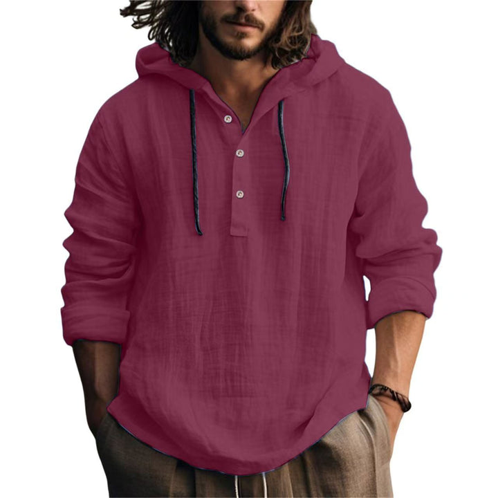 Herren Leichtes Kapuzenhemd im Leinenlook mit Henley-Knopfleiste Drune