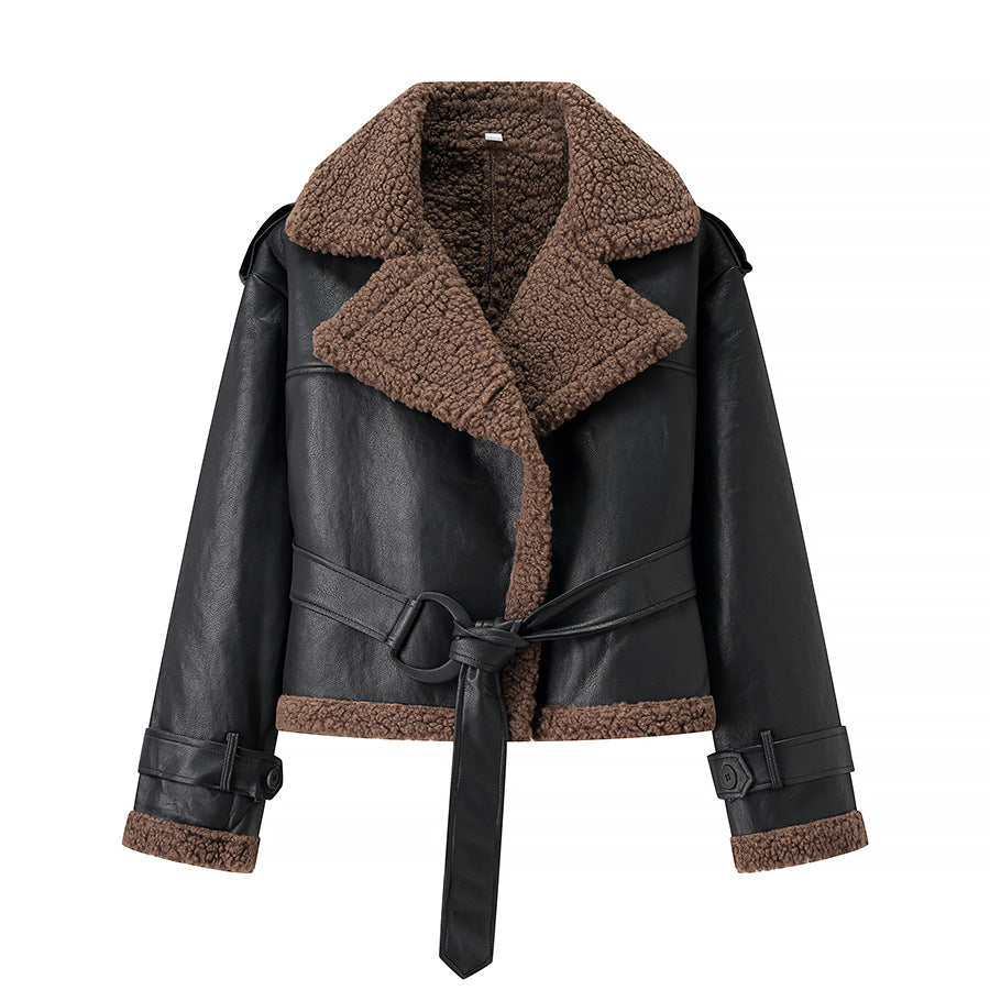 Damen Kunstlederjacke mit kuscheligem Teddyfutter und Bindegürtel Drune