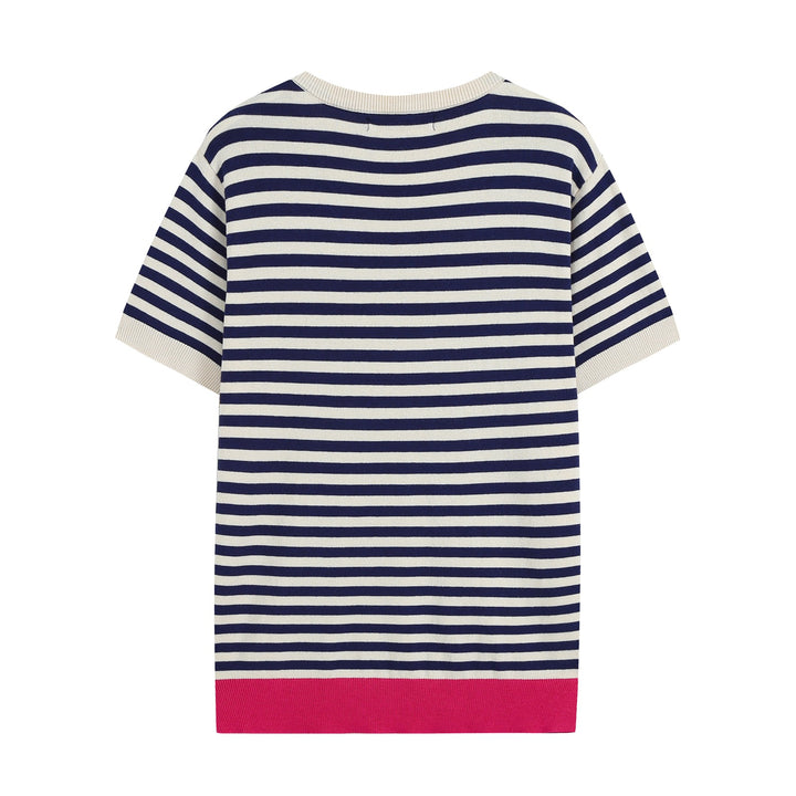 Damen Kurzärmeliges gestreiftes Ripp‑Strickshirt mit Kontrastbündchen Drune