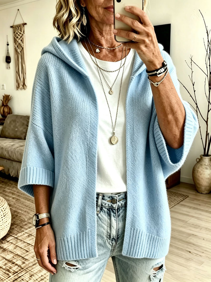 Damen Kapuzen-Longcardigan aus grobem Strick mit 3/4-Ärmeln und offener Front Drune